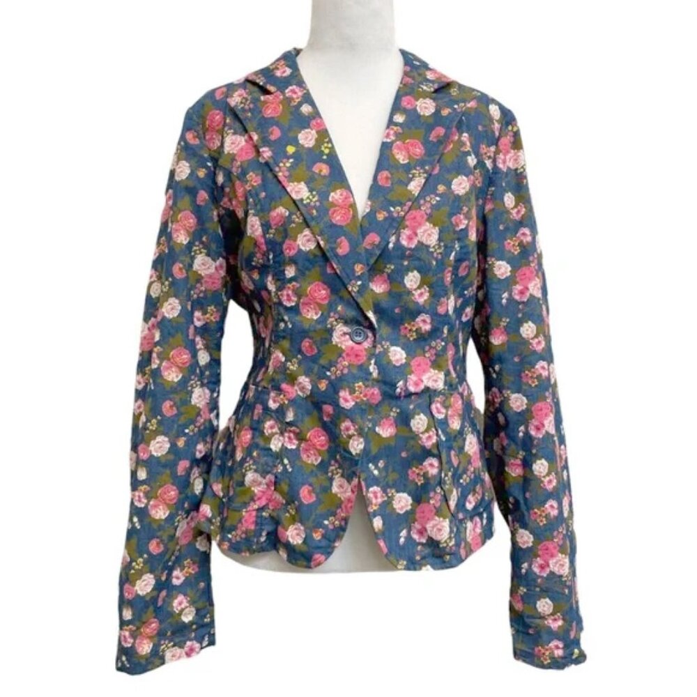 Tulle 100% Cotton Blue Floral Single Button Lightweight hourglass Blazer M - Picture 1 of 4